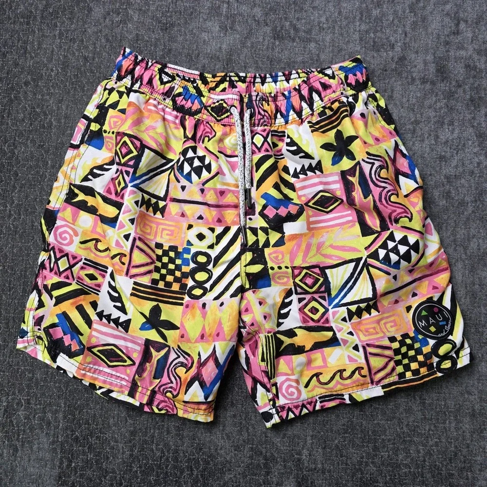 Maui And Sons Swim Trunks Mens Medium Abstract Aztec Colorful 80s 90s Surf Beach